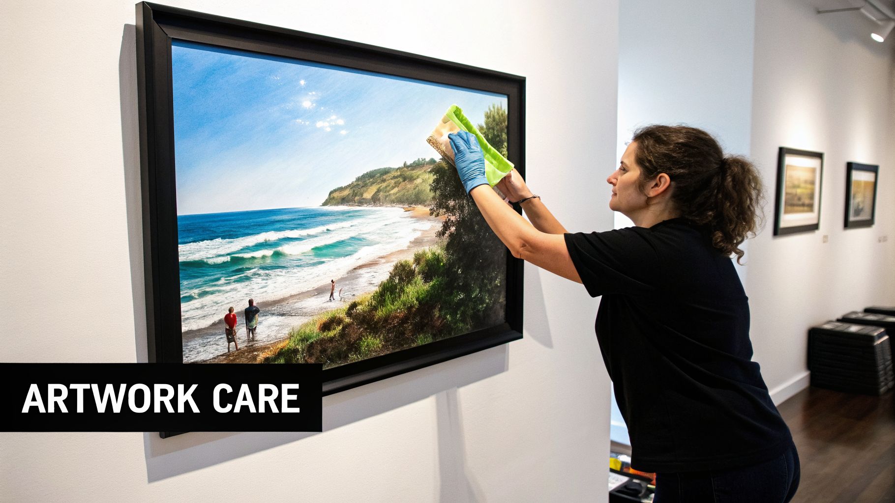 A woman in blue gloves carefully cleans a framed seascape artwork in a gallery setting.