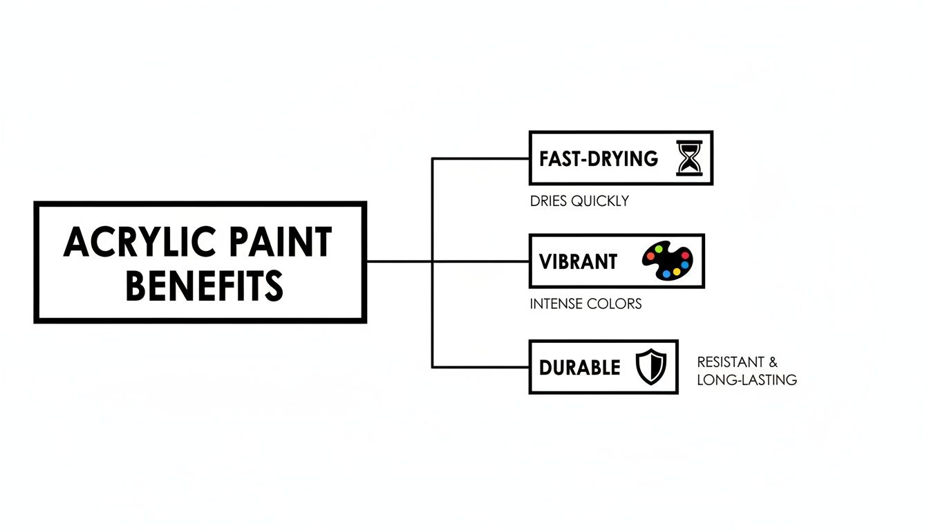 Diagram outlining the benefits of acrylic paint: fast-drying, vibrant colors, and durable finish.
