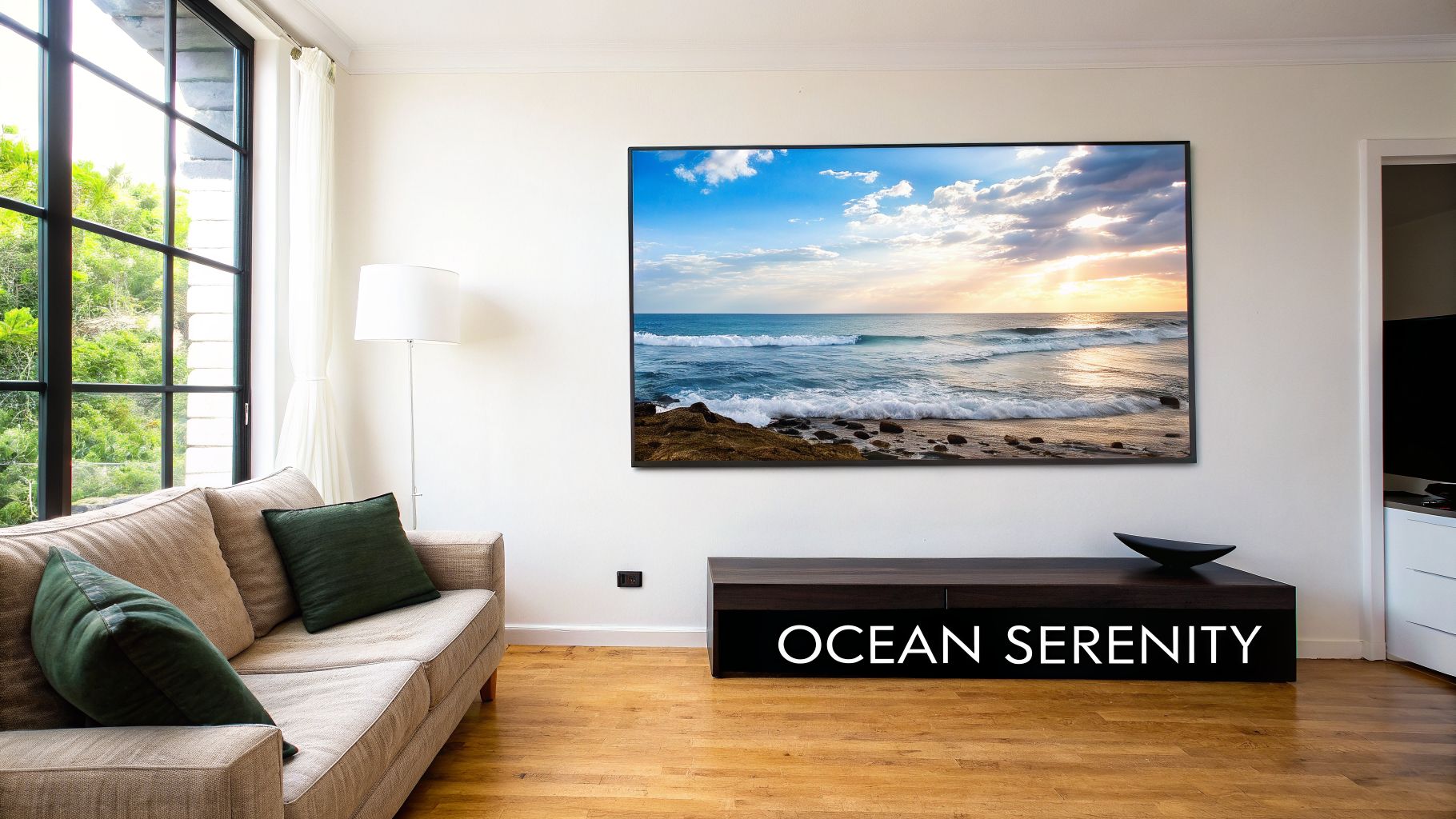 A bright living room featuring a large framed ocean seascape artwork with waves and a sunset, above a dark console table.