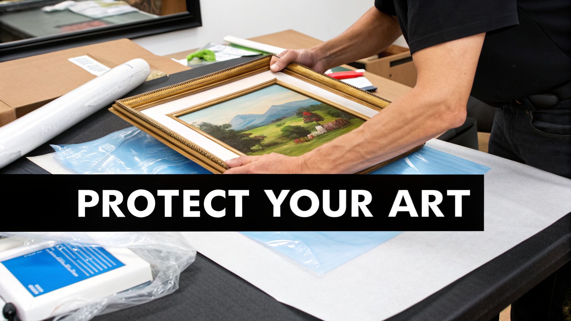 A person carefully handles a framed landscape painting, preparing it for protection with packaging materials.