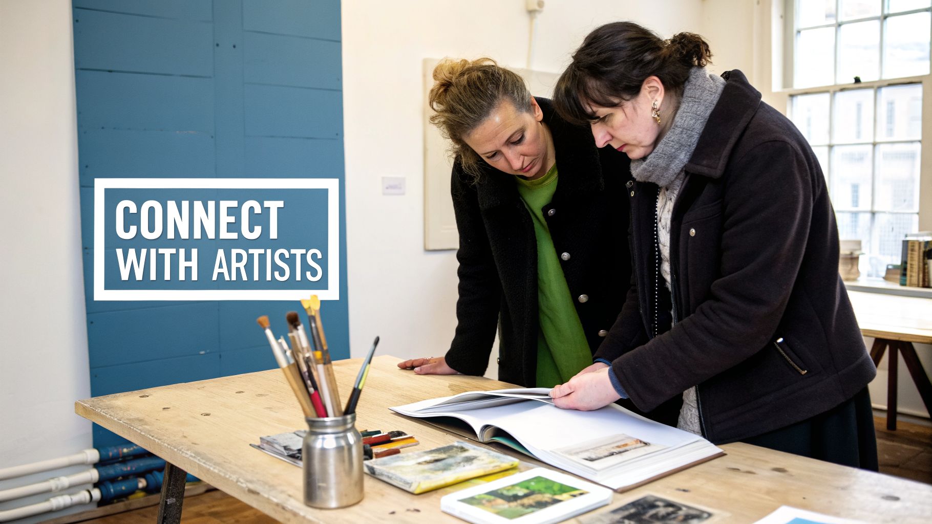 Two women, possibly artists, examine an art book on a wooden table with painting supplies.