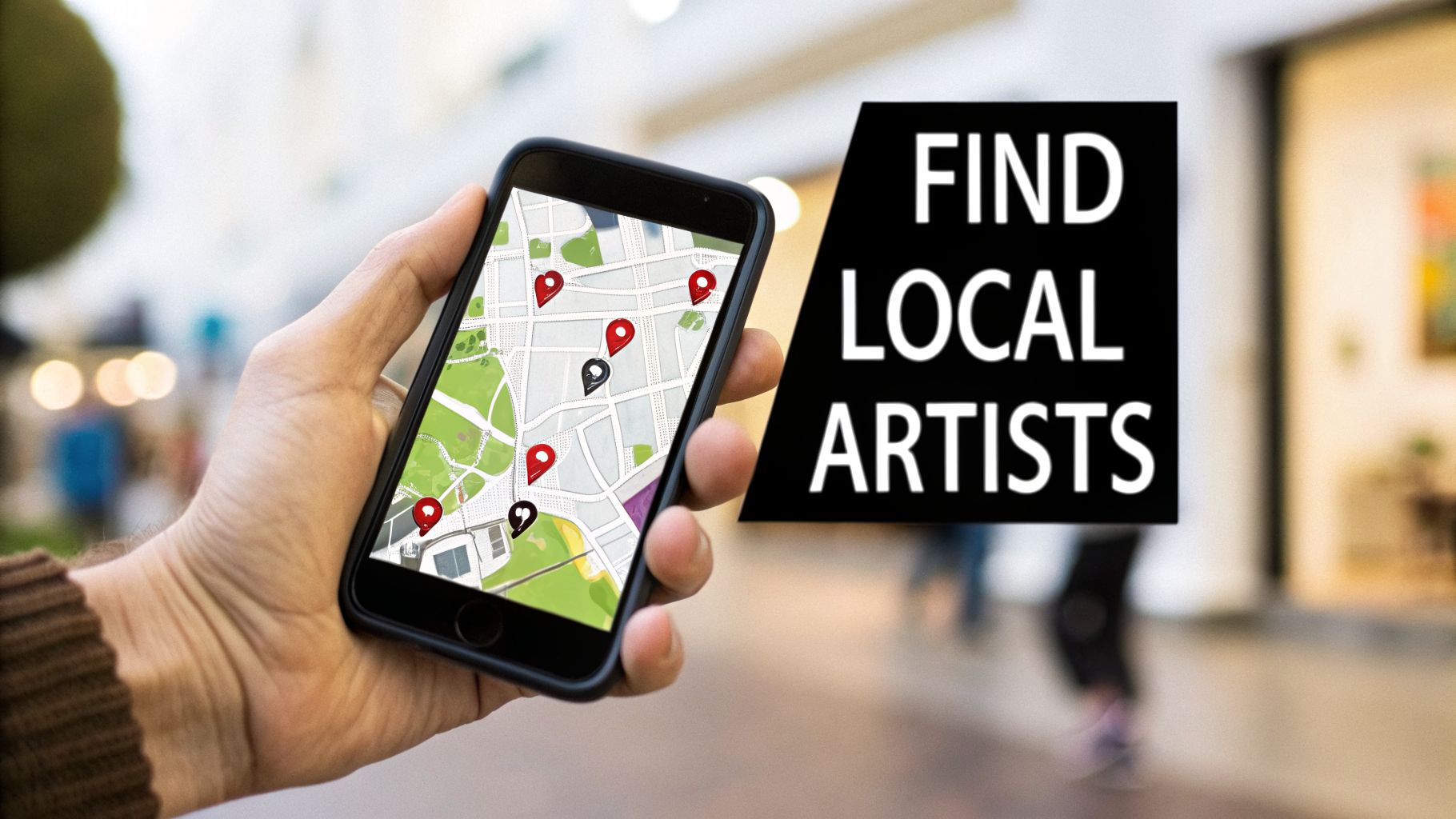 A hand holds a smartphone displaying a map with location pins and text "FIND LOCAL ARTISTS".