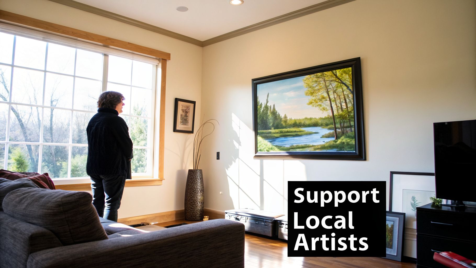 A person looks out a sunny window in a home, with a large river landscape painting on the wall.