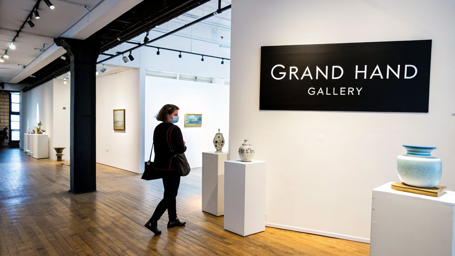 A woman wearing a mask walks through the Grand Hand Gallery, admiring various artworks on display.