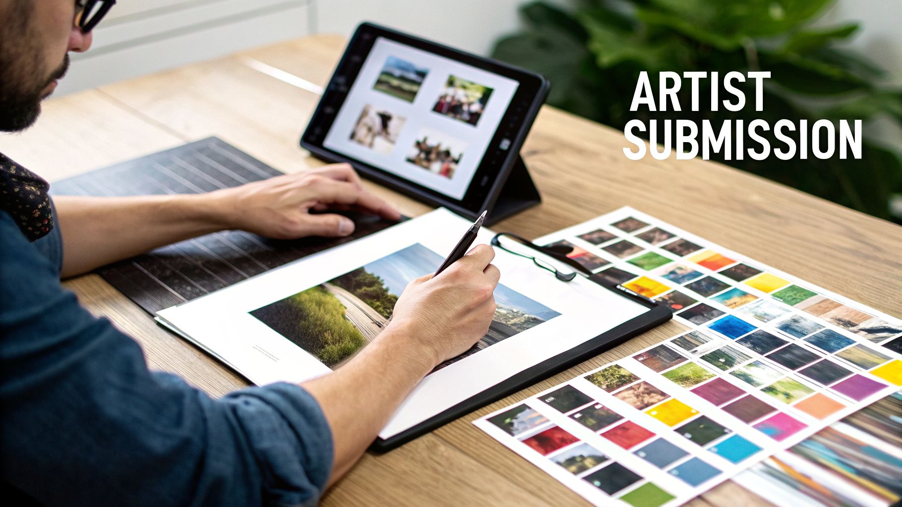 Artist working on a submission, reviewing printed photographs, digital images on a tablet, and color swatches.
