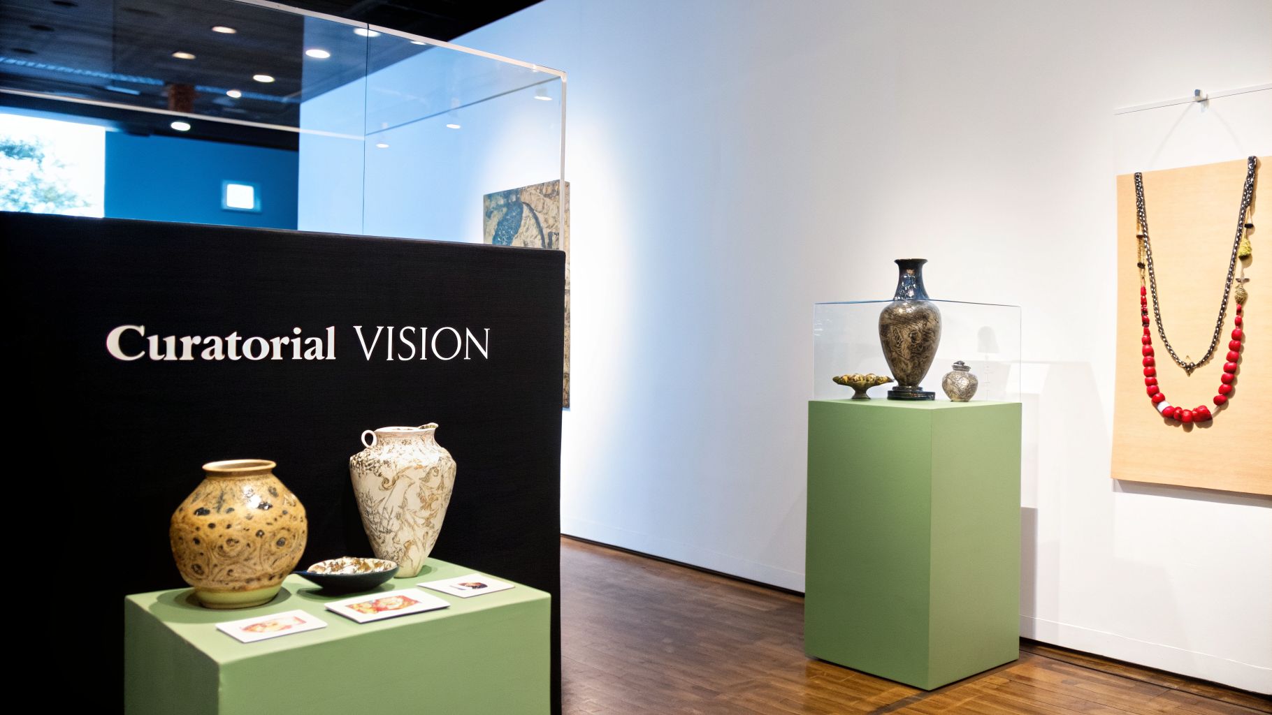 A bright museum exhibit showcases art pieces including vases, a bowl, and a long necklace on display.