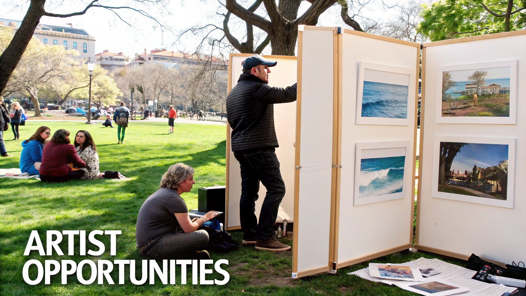 An outdoor art exhibition in a sunny park with people viewing and setting up artworks.