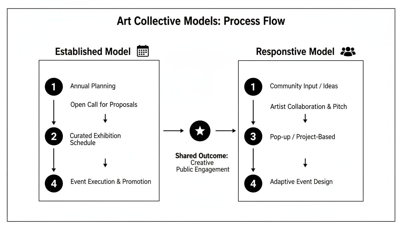 Flowchart comparing Established and Responsive Art Collective Models for creative public engagement.