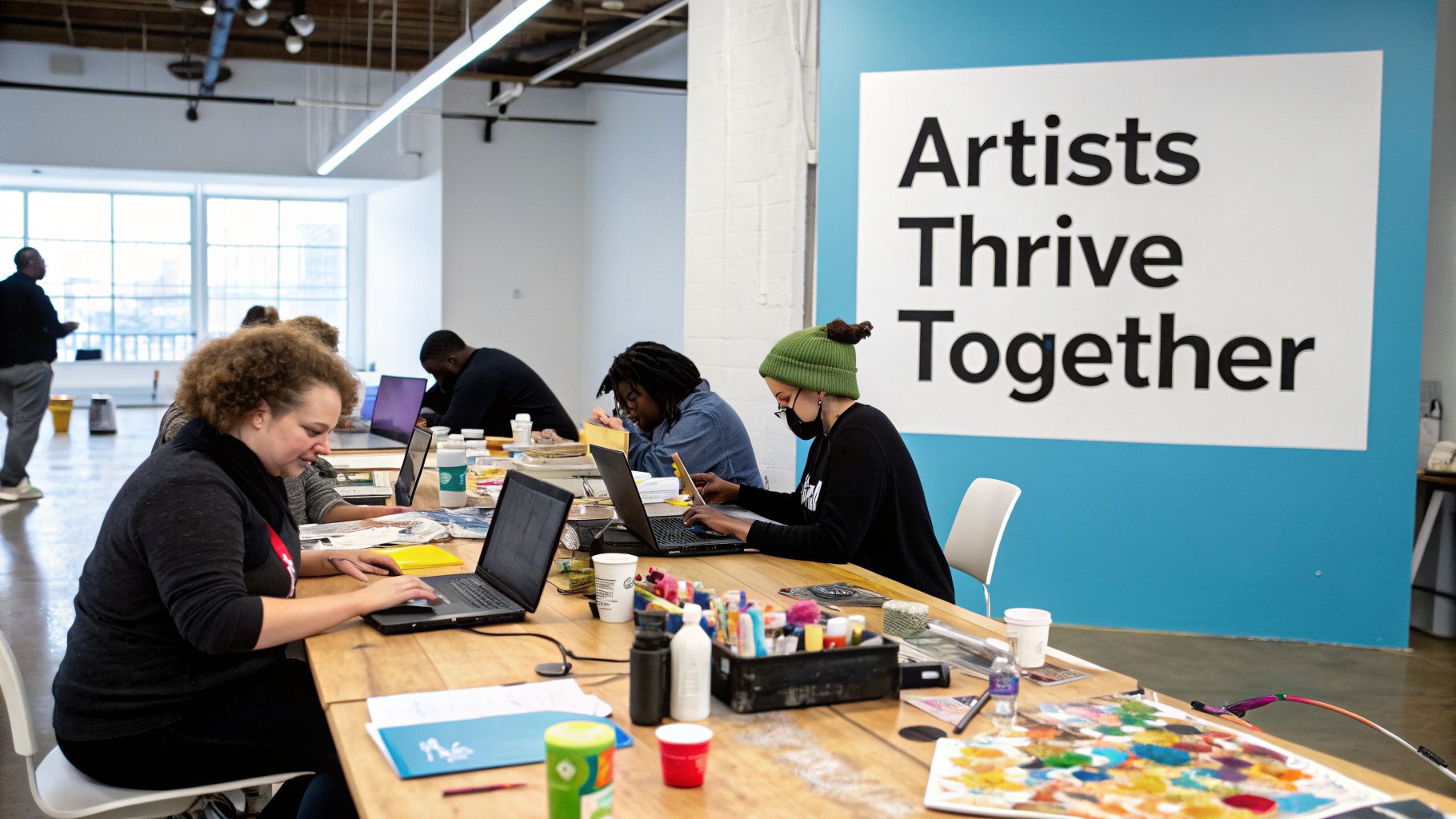 Several artists are working on laptops and art supplies at a communal table in a creative studio.