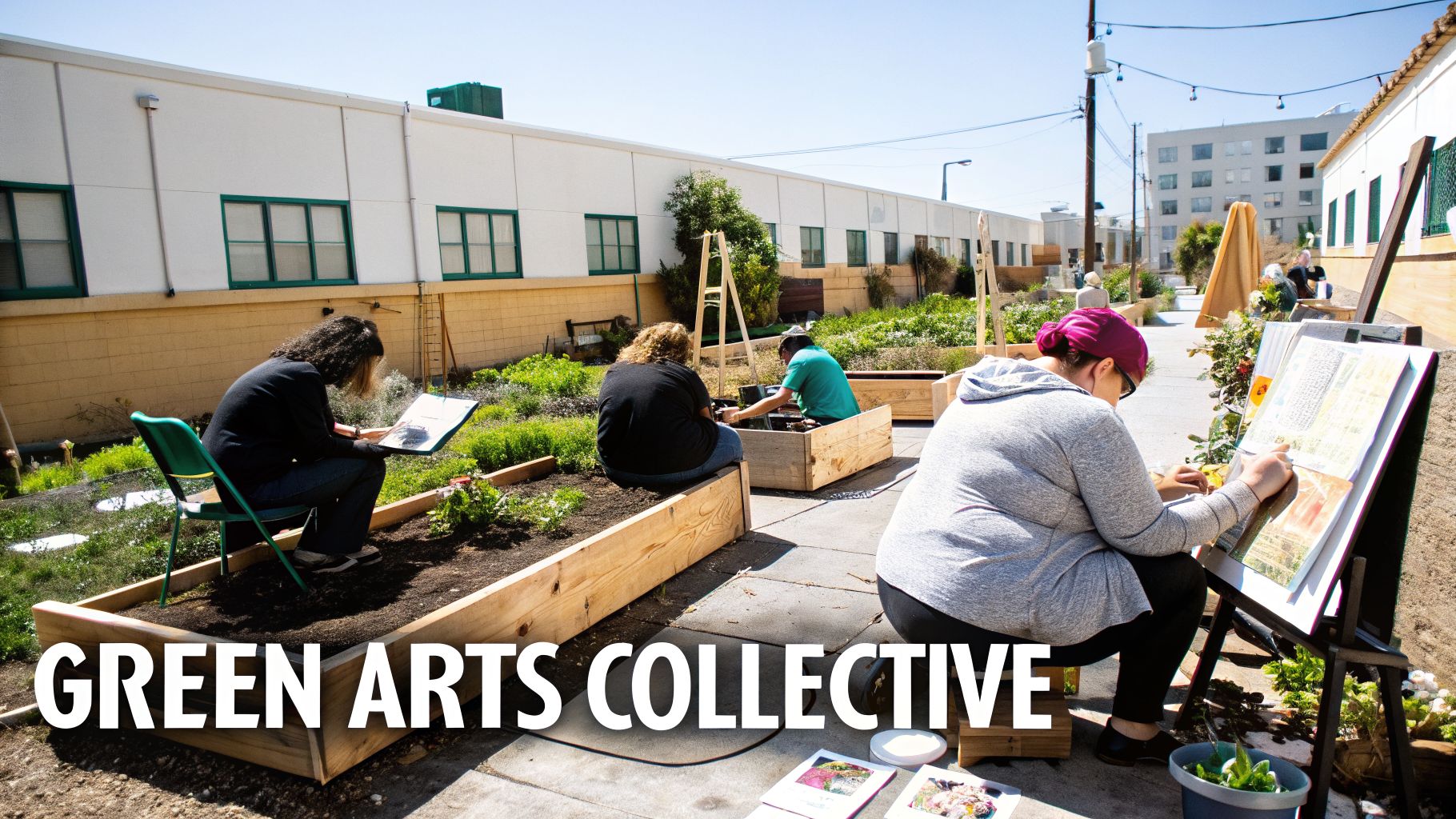 Community members participate in a green arts collective, drawing, painting, and gardening outdoors.