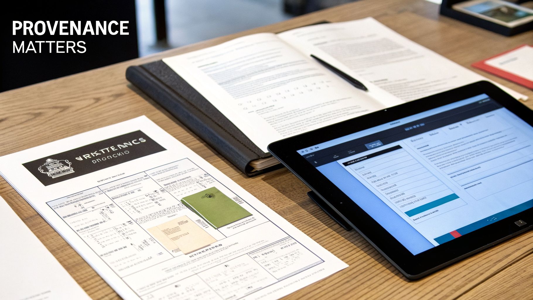 Documents, an open book, and a tablet on a desk, with 'PROVENANCE MATTERS' text.
