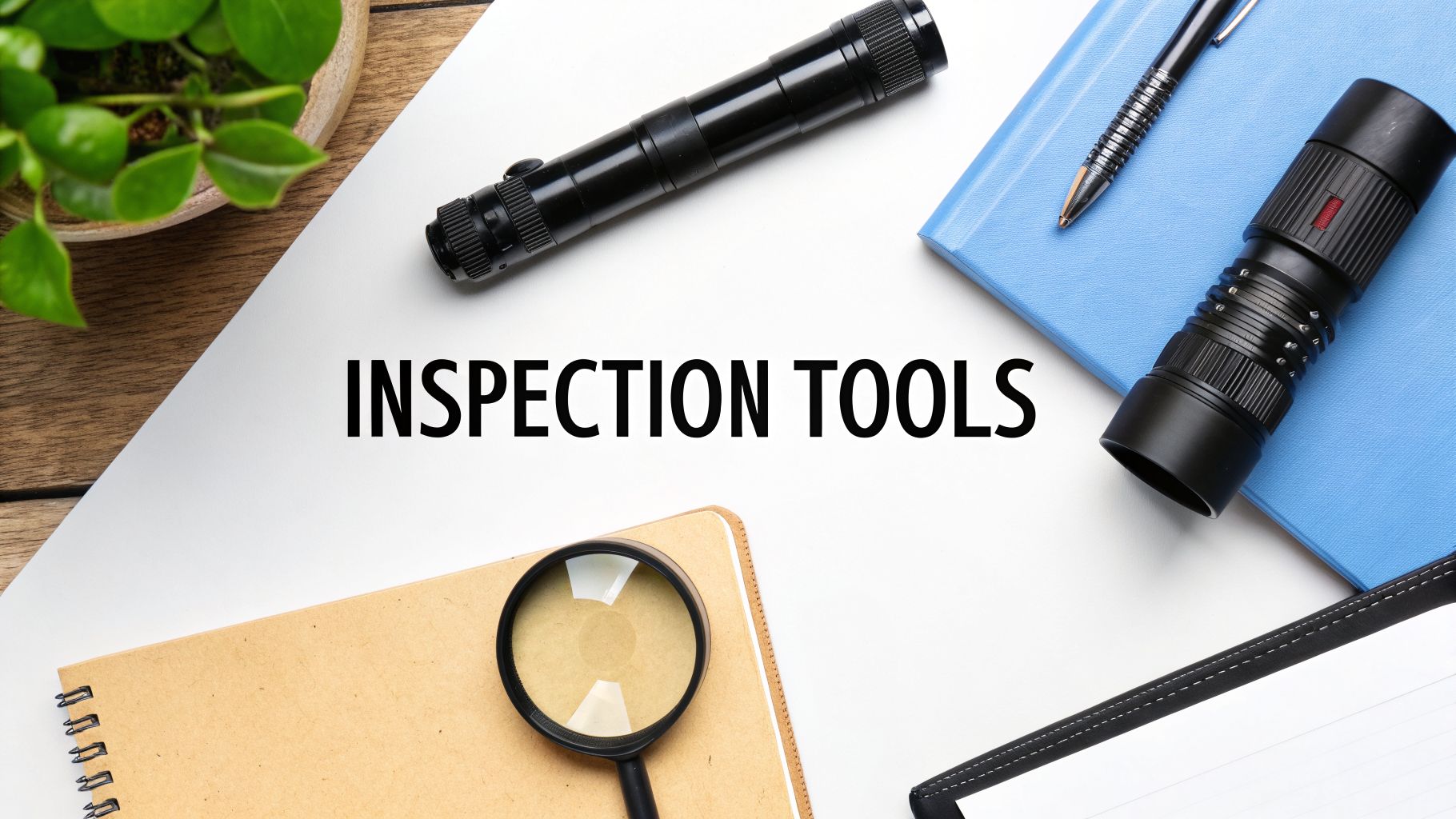 A flat lay showing various inspection tools like flashlights, a magnifying glass, and notebooks.