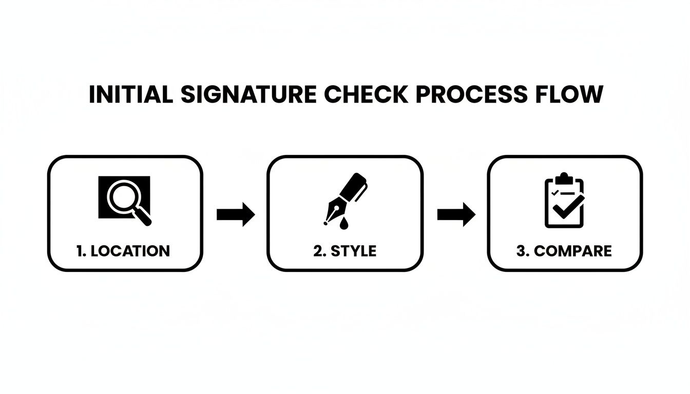 A three-step process flow diagram for initial signature checking: location, style, and comparison.