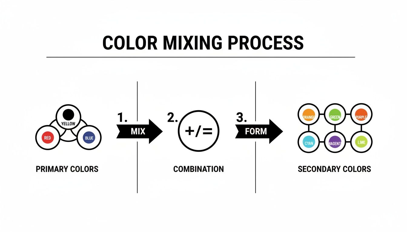 A visual guide showing how primary colors (red, yellow, blue) mix to form secondary and tertiary colors.