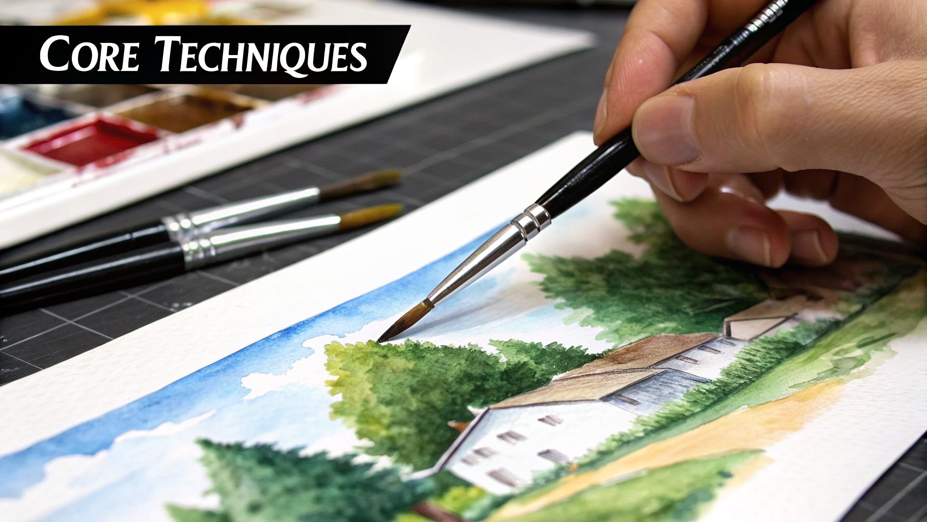 Close-up of a hand painting a vibrant watercolor landscape with a house, trees, and blue sky.
