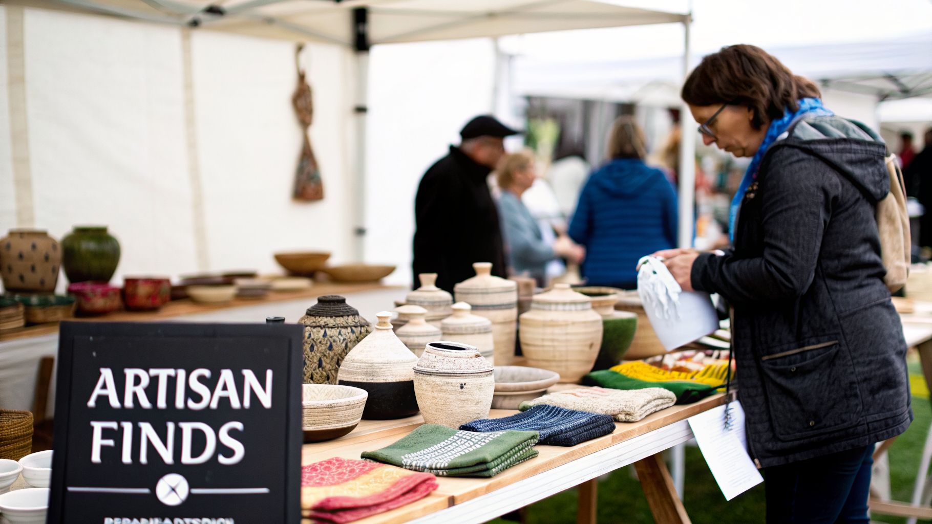 A woman browses artisan crafts, including pottery and textiles, at an outdoor market stall.