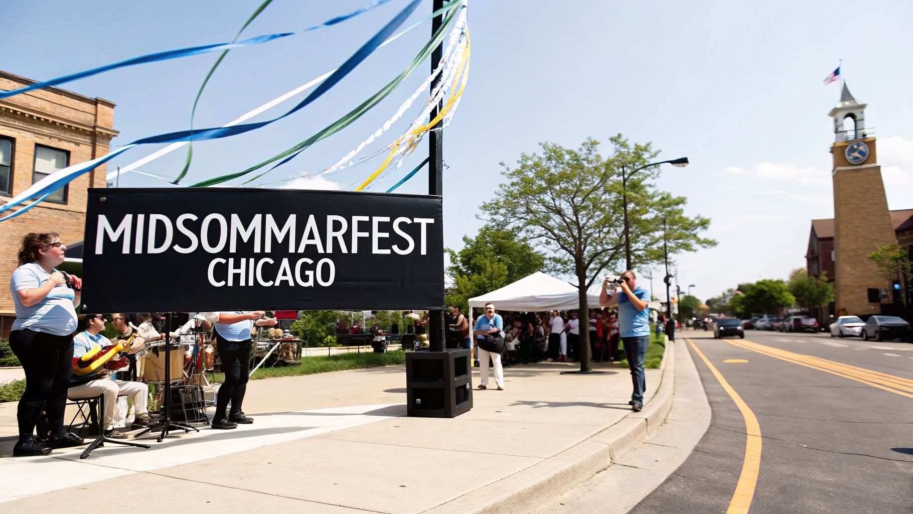 A black banner reads 'MIDSOMMARFEST CHICAGO' at an outdoor street festival with attendees and a clock tower.