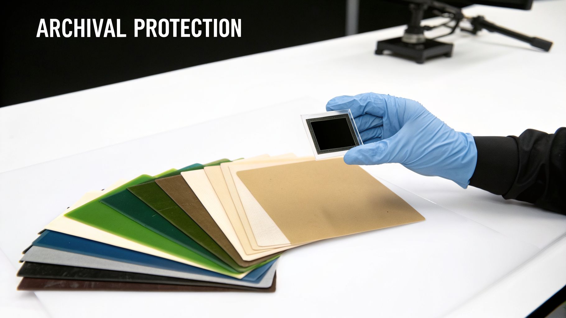 A hand in a blue glove holds a microfilm slide over colorful archival paper samples.