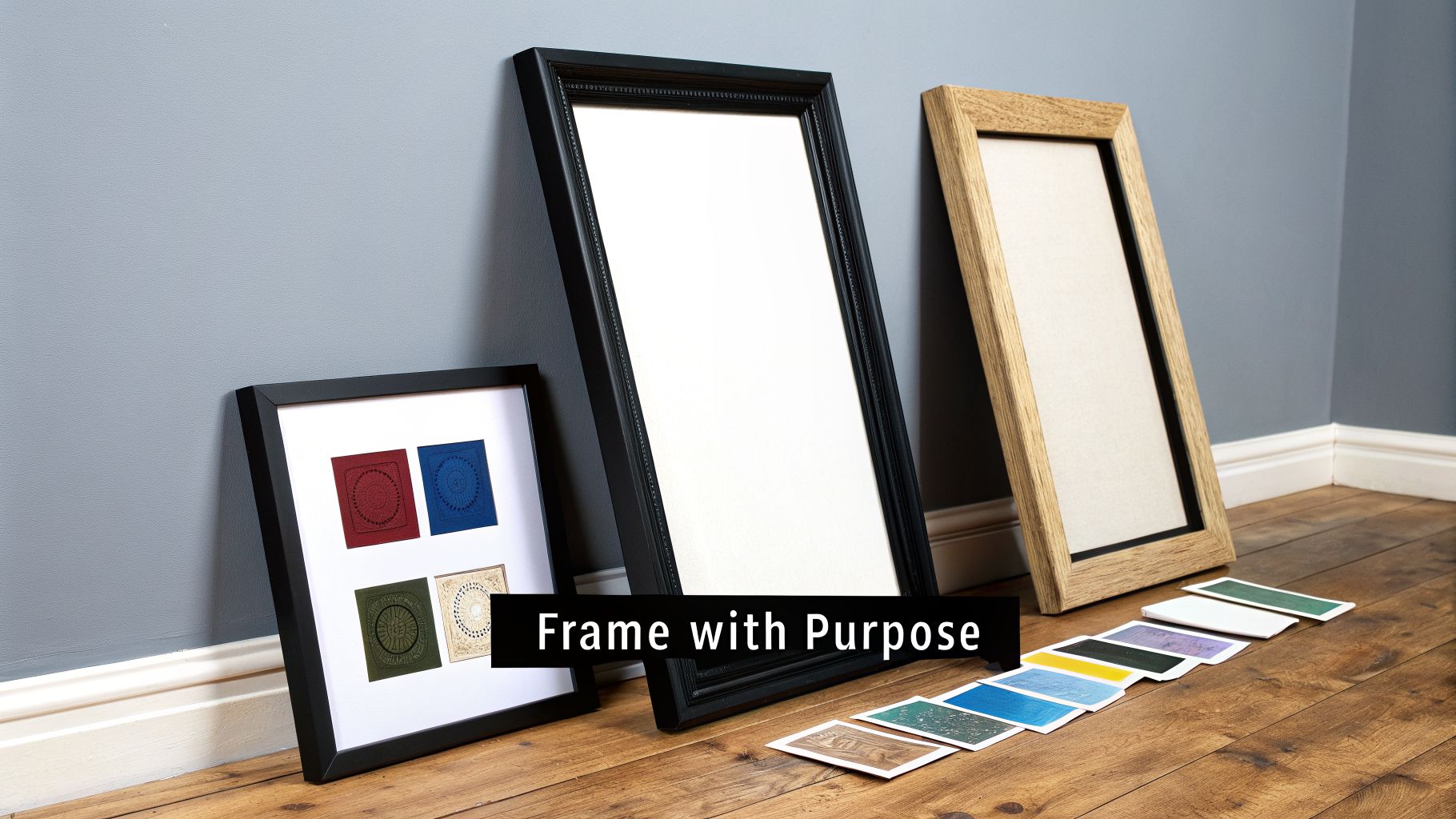 Three diverse picture frames, one with colorful art, and color samples on a wooden floor against a blue wall.