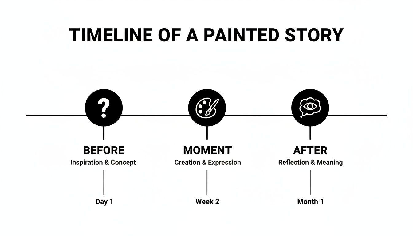 Timeline of a painted story detailing inspiration, creation, and reflection stages with associated timeframes.