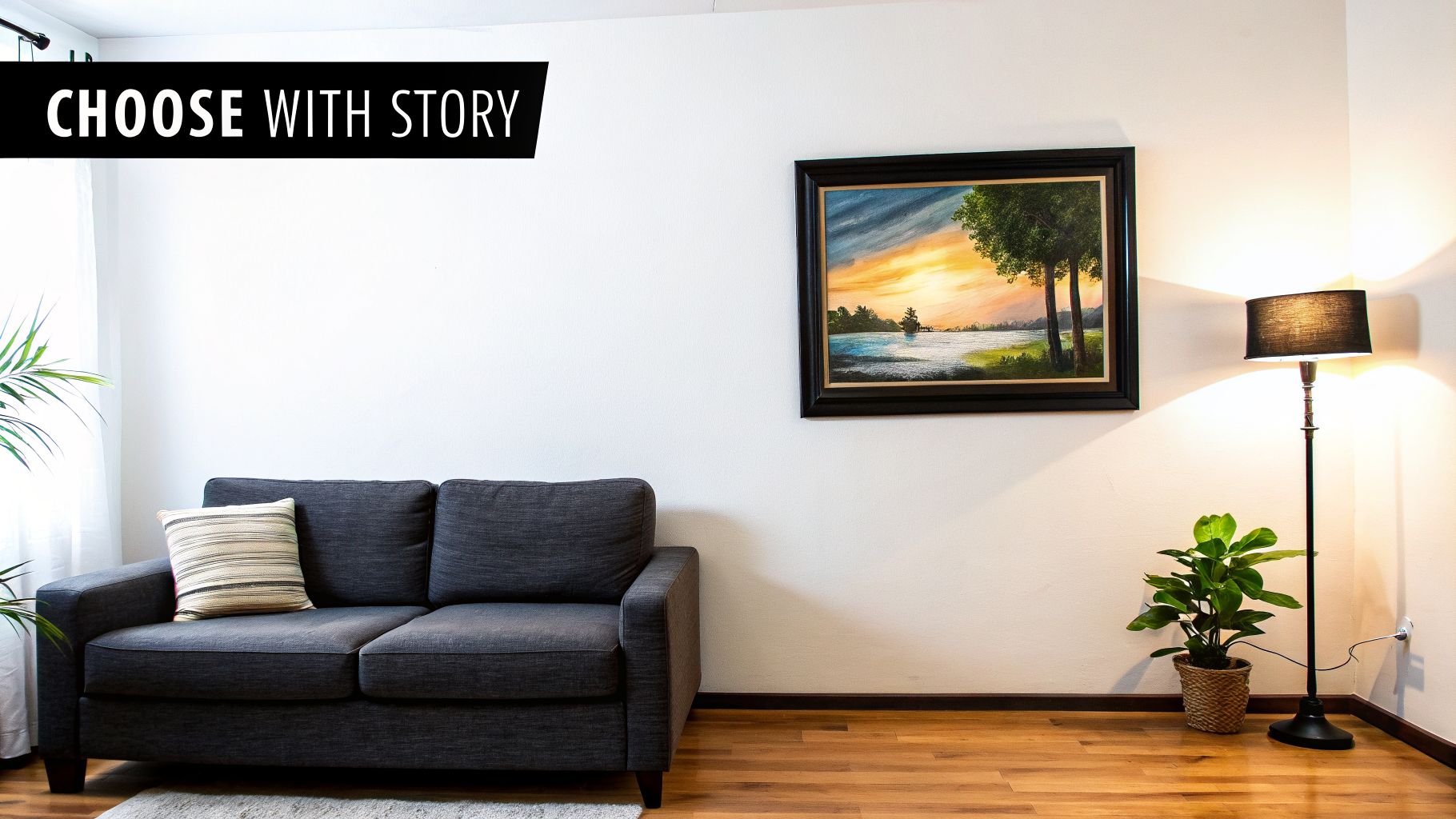 A cozy living room featuring a gray sofa, a sunset landscape painting, and a floor lamp.