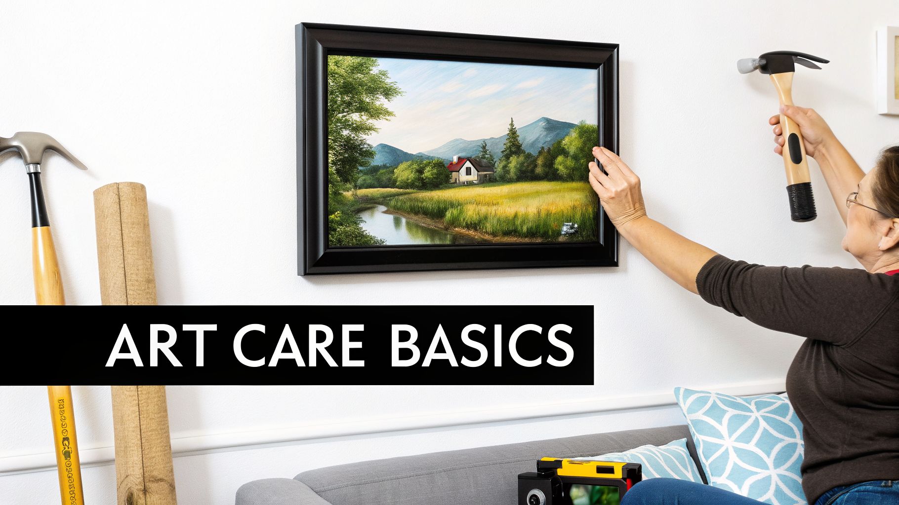 A woman carefully hangs a beautiful framed landscape painting on a white wall, holding a hammer.