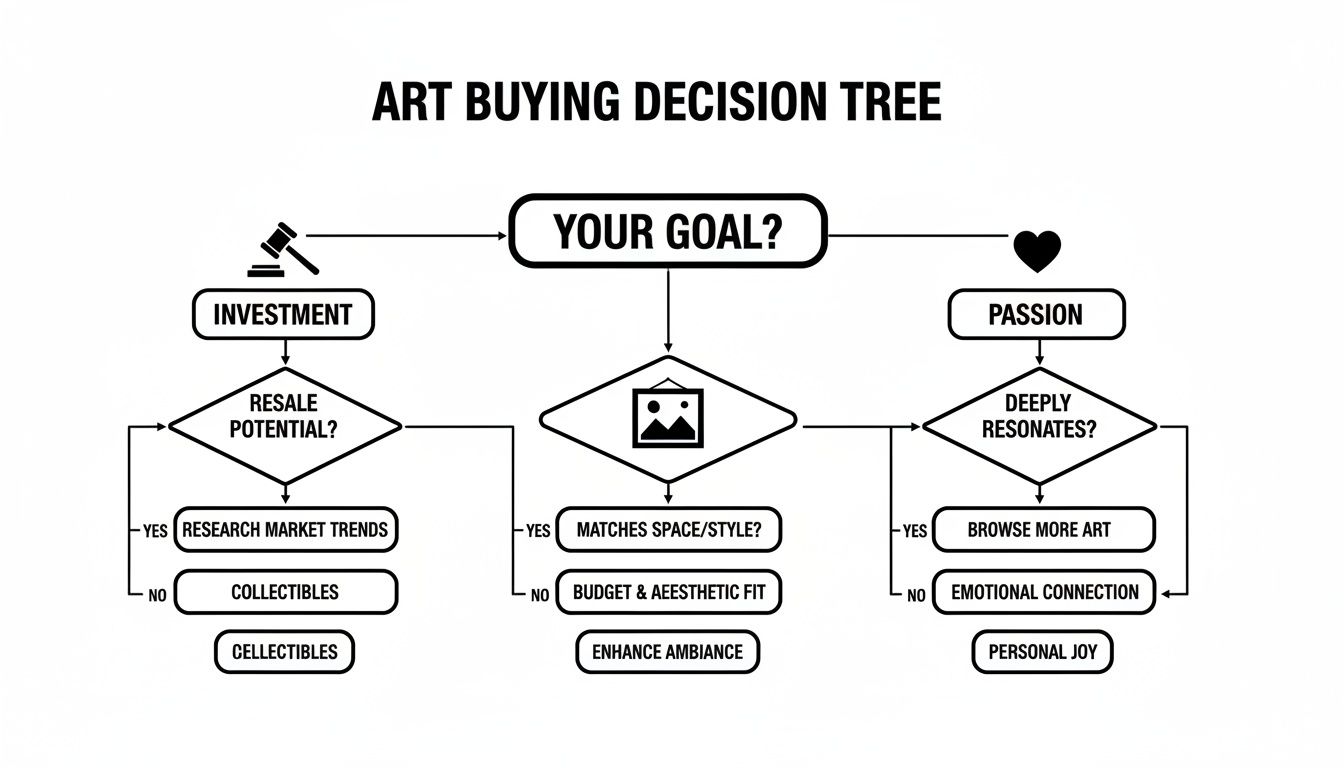 Flowchart outlining an art buying decision tree, guiding choices based on investment, passion, or aesthetic fit.