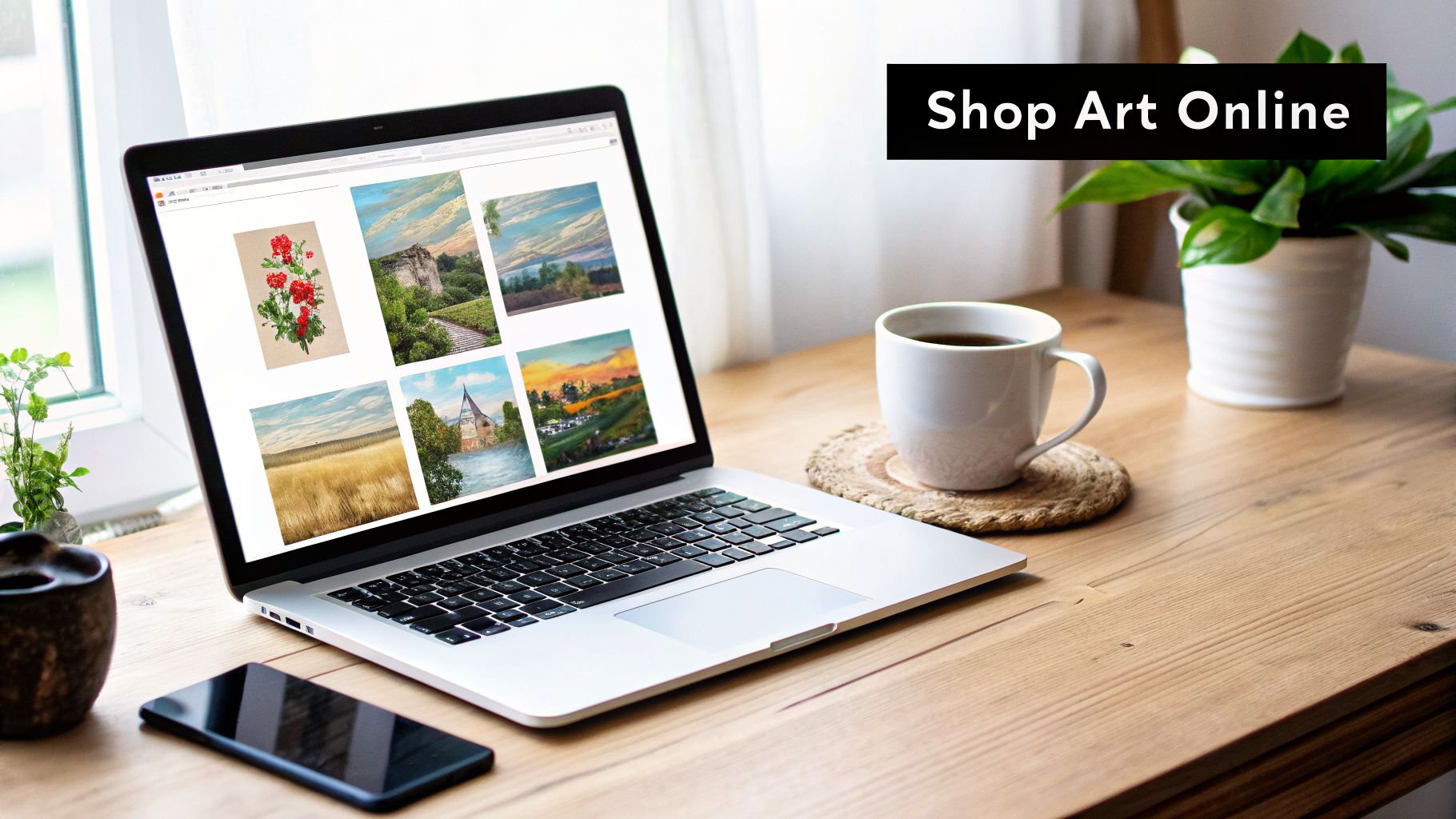 A laptop displays an online art gallery with various paintings, alongside a coffee and smartphone on a wooden desk.